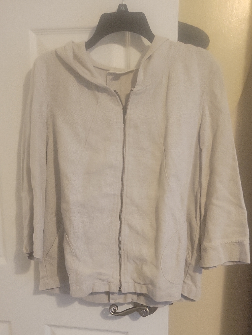 Coldwater Creek SzM Light Beige Linen Hooded Zip-Front Bomber Jacket pockets